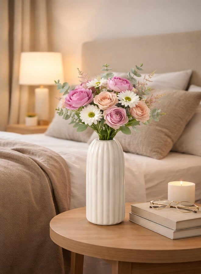 PulGos Off-White Striped Ceramic Flower Vase - Modern Ribbed Boho Flower Vase for Pampas Grass & Dried Flowers - Elegant Minimalist Decorative Bottle Centerpiece for Living Room, Shelf & Office Decor - Image 3